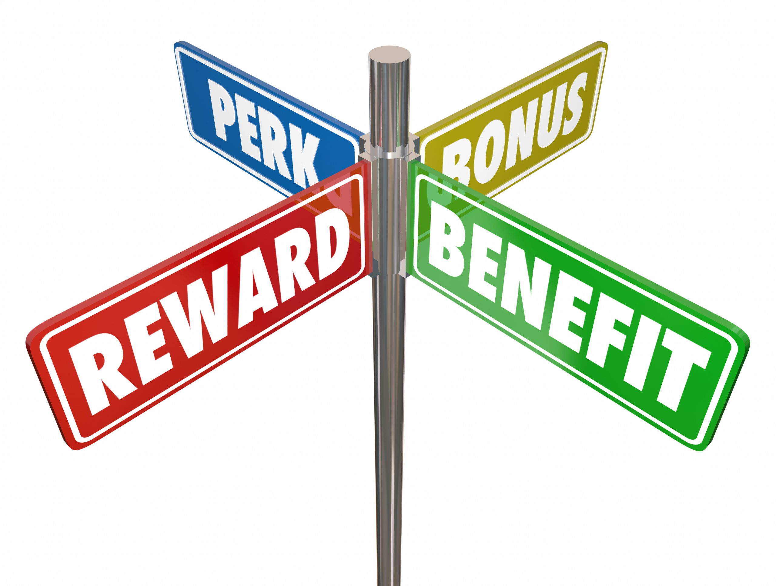 Reward Benefit Perk Bonus 4 Way Signs 3d Illustration